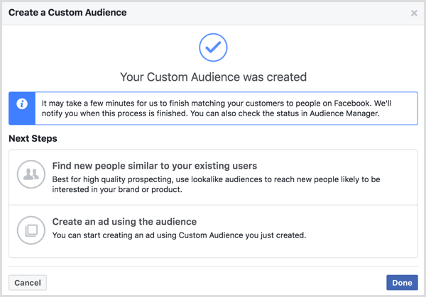 Din brugerdefinerede målgruppe blev oprettet, der vises, når du opretter en brugerdefineret Facebook-målgruppe