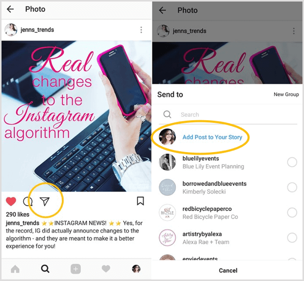 Se efter indstillingen Føj indlæg til din historie for at se, om du har adgang til Instagram-videredelingsfunktionen.