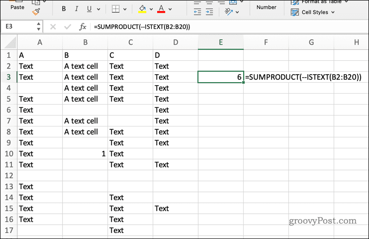 Brug af SUMPRODUCT med ISTEXT i Excel