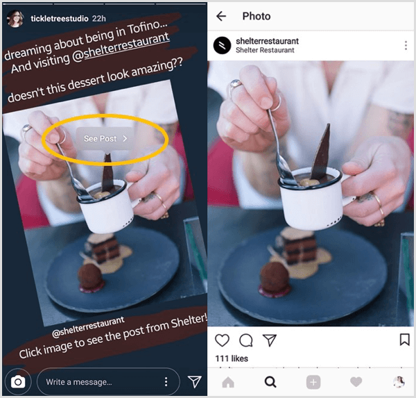 Tryk på et videredelt Instagram-indlæg, og tryk derefter på knappen Se indlæg for at gå direkte til det originale indlæg fra den pågældende bruger.