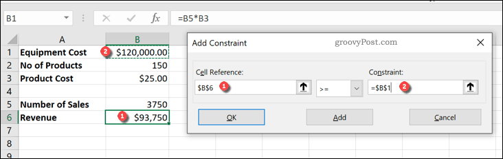 Tilføjelse af en begrænsning til en Excel Solver-forespørgsel