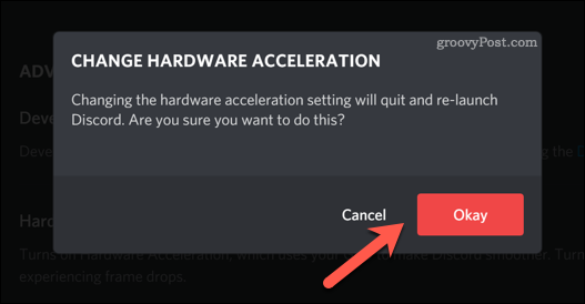 Bekræftelse af en ændring af Discords hardwareaccelerationsindstillinger