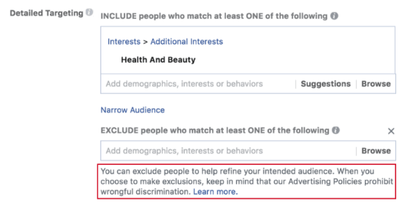 Facebook rullede ud nye meddelelser, der minder annoncører om Facebooks politik mod diskrimination, før de opretter en annoncekampagne, og når de bruger dets ekskluderingsværktøjer.