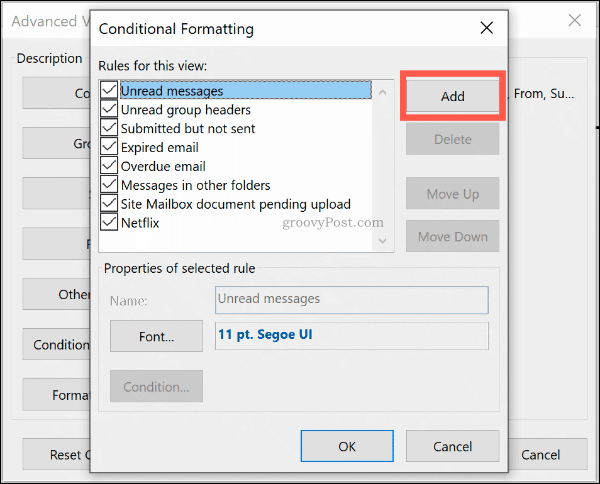 Klik på Tilføj for at tilføje en ny betinget formatregel i Outlook