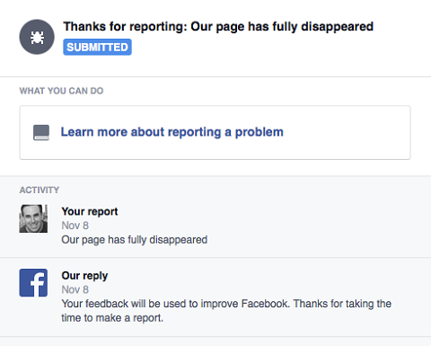 rapportering om manglende Facebook-side