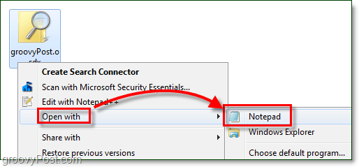 åbn et søgekonnektor med notepad for at redigere det i windows 7