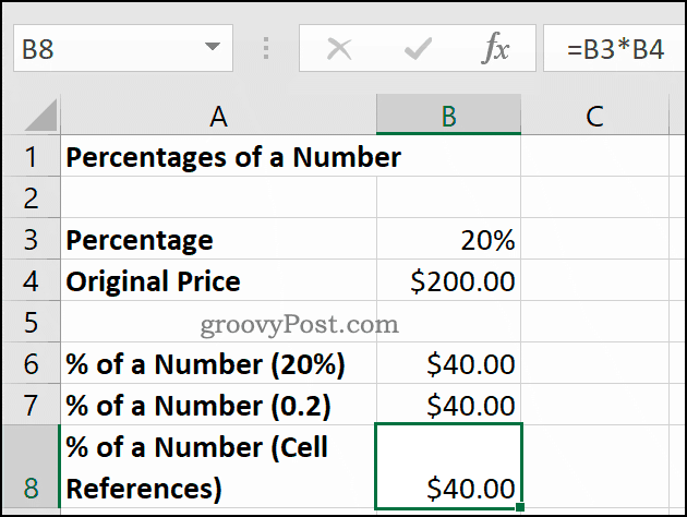 Procentdel af et nummer, vist i Microsoft Excel