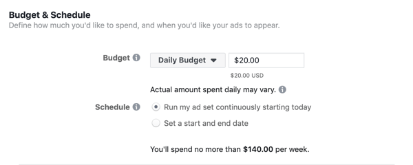 Facebook Ads Manager, Budget & tidsplan sektion for annoncesæt