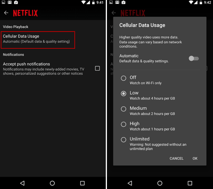 Begræns brug af Netflix-data på Android eller iPhone for at undgå dækningsgebyrer