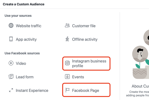 Brug Facebook-annoncer til at annoncere for folk, der besøger din Facebook-side eller Instagram, trin 1.