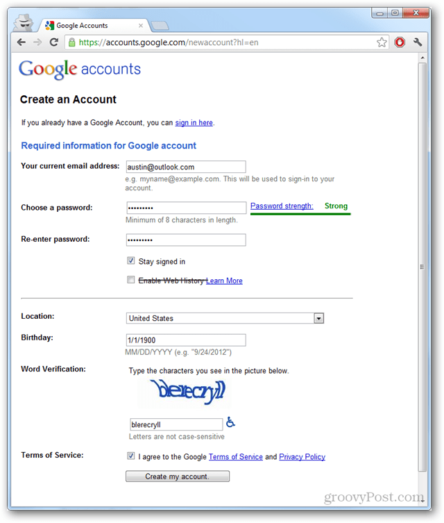 Opret en Google-konto sanserer Gmail