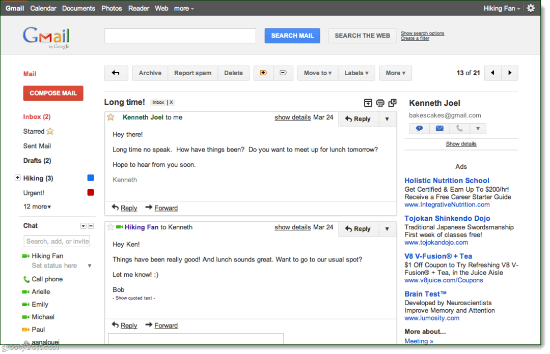 Gmail-forhåndsvisning af samtaleemne