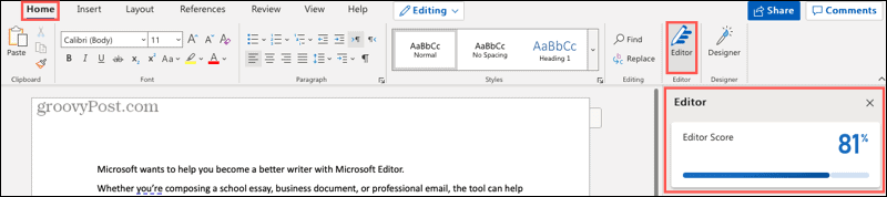 Microsoft Editor-knap og sidebjælke i Word online