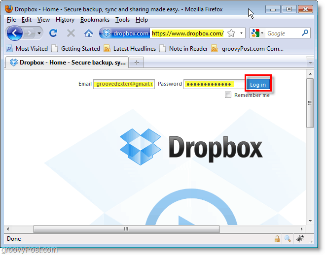 Dropbox-skærmbillede - log ind på dropbox