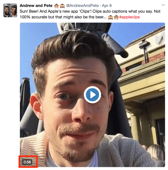 En forindspillet Twitter-video viser videolængden i nederste venstre hjørne.