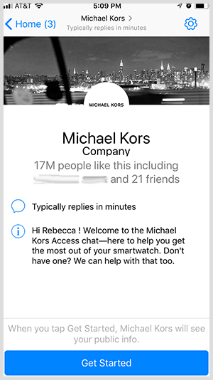 For at vælge en Messenger-bot som den fra Michael Kors, skal brugerne klikke på knappen Kom i gang.