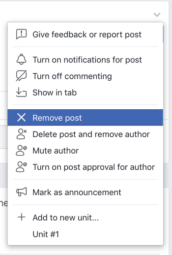 Sådan forbedres dit Facebook-gruppesamfund, menupunktet Facebook for at fjerne et indlæg fra din gruppe