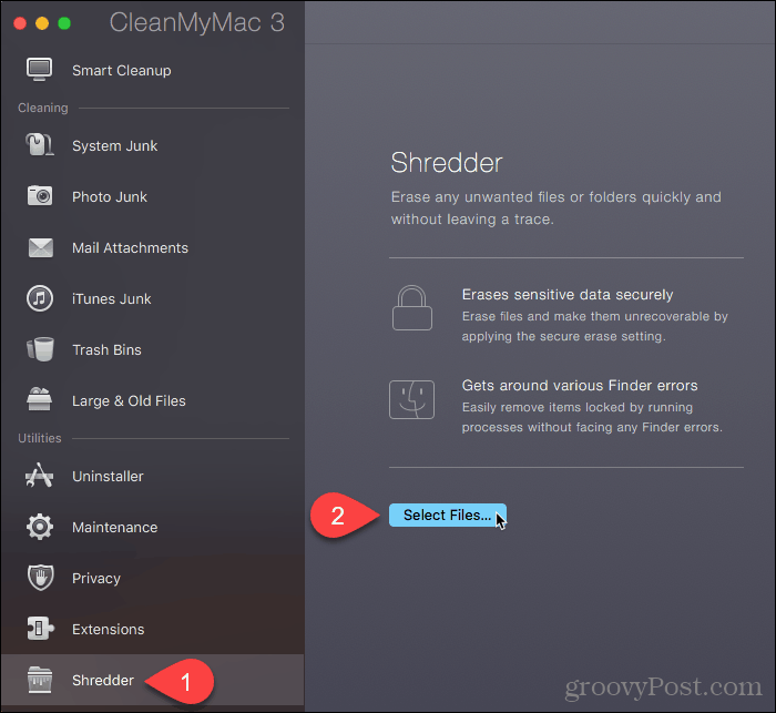 Klik på Vælg filer i CleanMyMac 3