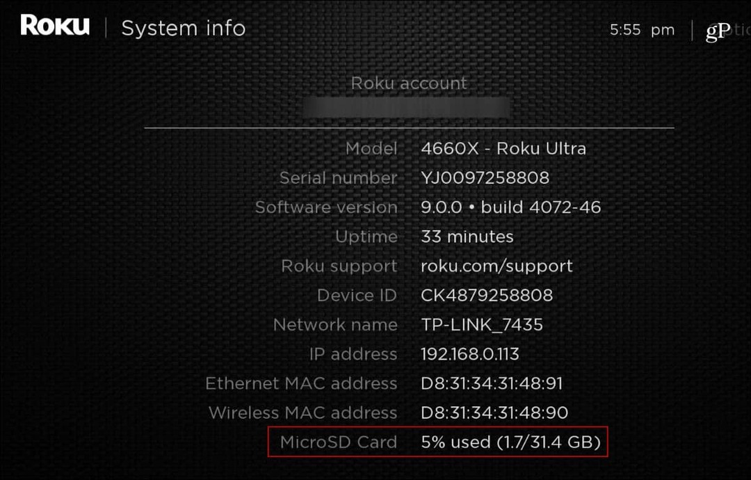 Roku_Ultra Systeminfo MicroSD-kort
