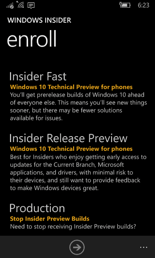 Visning af Windows 10 Mobile Insider Release