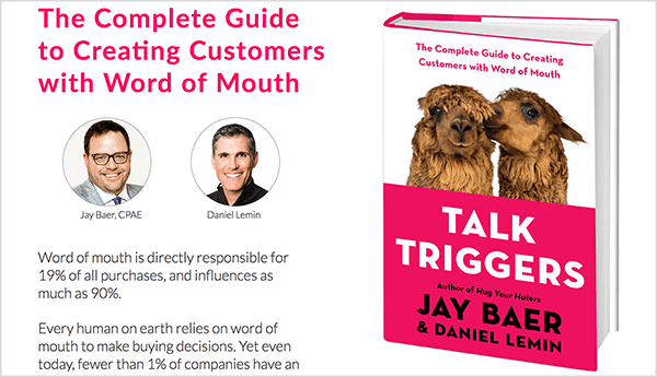Dette er et screenshot af Talk Triggers-webstedet. Til venstre er tekst om bogen og fotos af Jay Baer og Daniel Lemin. Til højre er bogomslag til Talk Triggers.