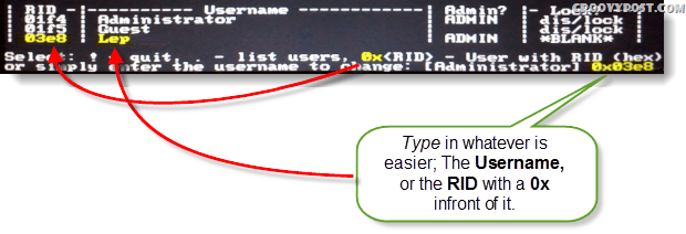 Vælg!, Afslut. - liste brugere, 0x <RID> - Bruger med RID (hex) eller indtast blot brugernavnet til ændring: [Administrator]