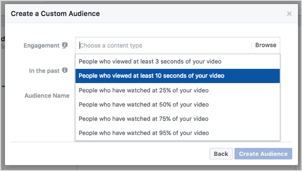 Facebook tilpasset publikum baseret på 10 sekunders videovisninger.