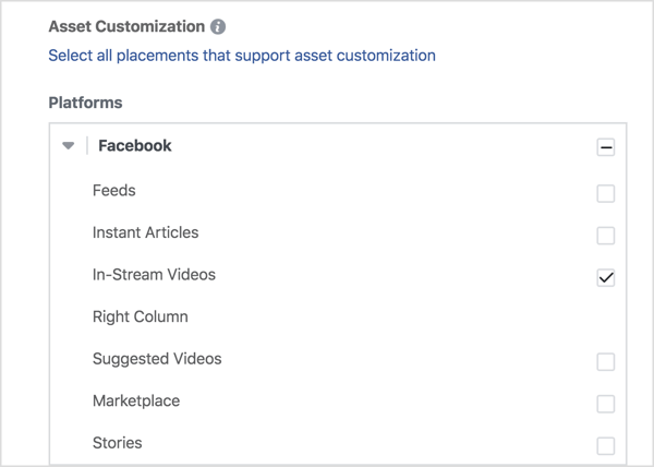 Hvis du kun vil vise dine videoannoncer på Facebook, skal du vælge In-Stream-videoer under Facebook.