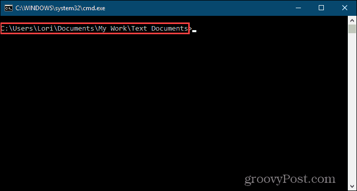 Vinduet Kommandoprompt åbent for en bestemt mappe i Windows