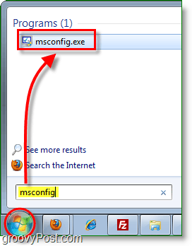 start msconfig.exe fra startmenuen i Windows 7