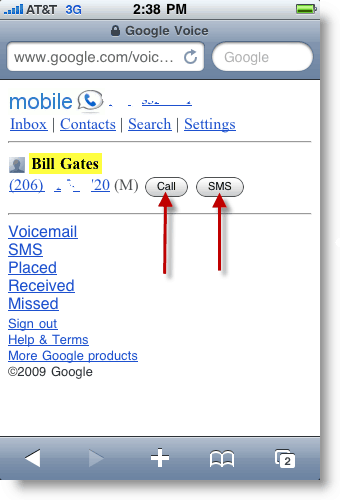 Google Voice Mobile Foretag et opkald eller send SMS-SMS-besked