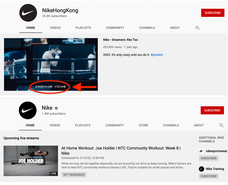 Nike all-market YouTube-konto og markedsspecifik Hong Kong-konto