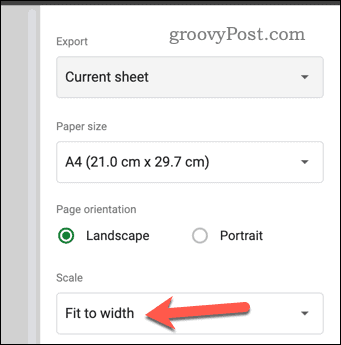 Indstil skalaindstillinger i Google Sheets-udskriftseksempel