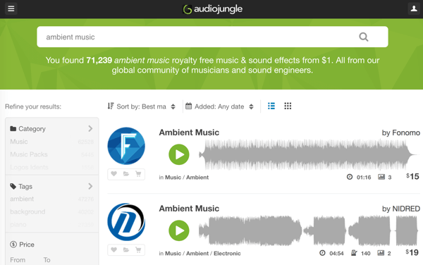 Søg gennem AudioJungles robuste bibliotek med royaltyfri musik og lydspor fra $ 1.