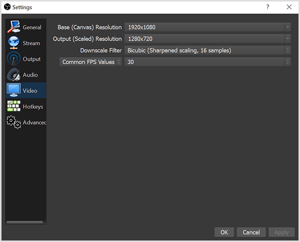 Dialogboksen OBS Studio-indstillinger har muligheder under fanen Video til at indstille din basisopløsning og dig vores outputopløsning. Boksen har også muligheder for et filter til nedskalering og FPS eller rammer pr. Sekund.