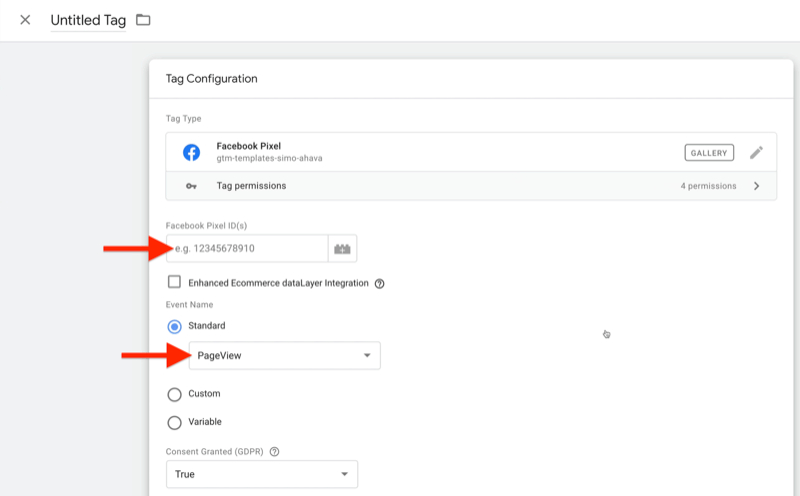 eksempel google tag manager ny tagkonfiguration med tag type indstillet til facebook pixel, og facebook pixel id felt fremhævet sammen med begivenhedsnavn valgt som standard og indstillet til sidevisning