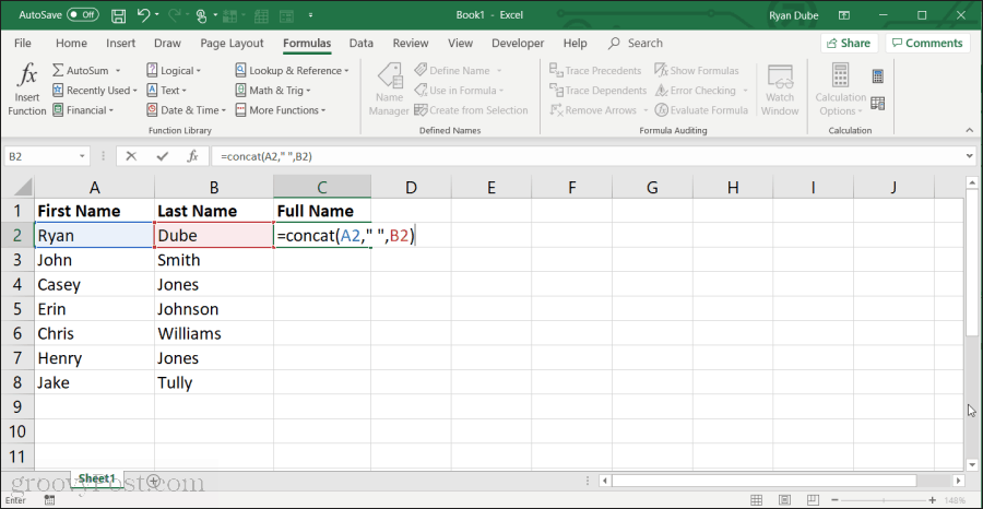 ved hjælp af concat-funktion i Excel
