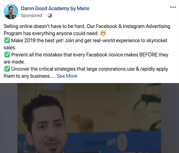 Hvordan man skriver og strukturerer tekstbaserede Facebook-sponsorerede indlæg i længere form, type 1-problem og løsning, eksempel af Damn Good Academy af Mario