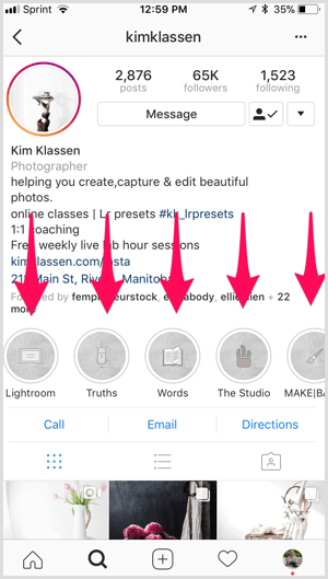 Instagram-brandede højdepunkter på Kim Klassen-profil.
