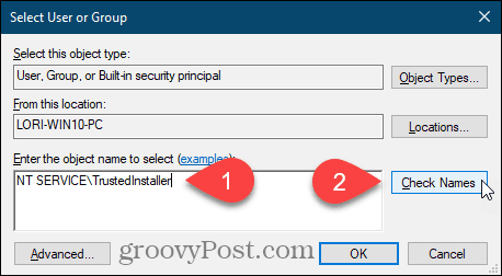 Indtast brugernavn, og klik på Kontroller navne for en Windows-registernøgle