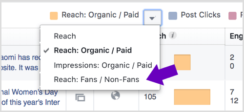 Klik på pilen ud for Reach: Organic / Paid i din Facebook Page Insights.