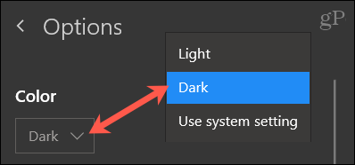 Vælg farve, mørk til OneNote Windows 10