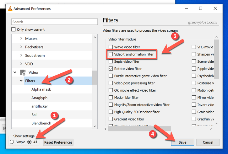 Aktivering af videotransformationsfiltre i VLC på Windows