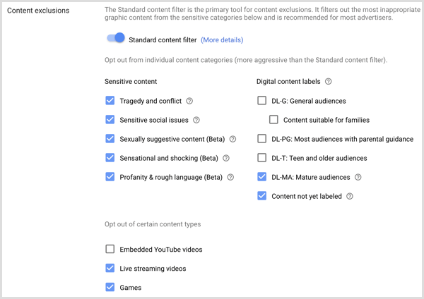 Indstillinger for indholdsekskluderinger til Google AdWords-kampagne.