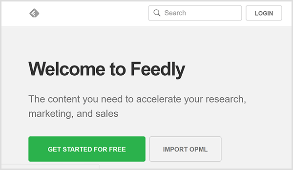 Chris Brogan bruger Feedly til at udvikle indholdsidéer til sin Alexa-flash briefing. Hjemmesiden har en grå baggrund, teksten Velkommen til Feedly i sort og en grøn knap, der siger Kom godt i gang gratis.