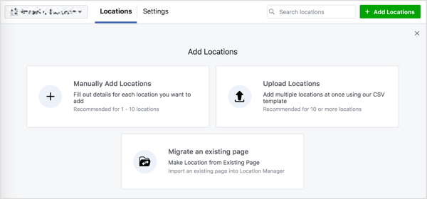Du ser tre muligheder for at tilføje placeringer til din Facebook-side.