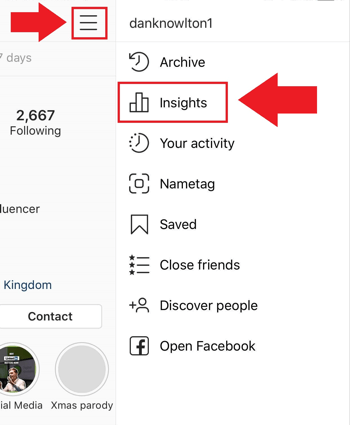Strategi for markedsføring af sociale medier; Skærmbillede af hvor du kan få adgang til Instagram Insights i Instagram-appen.