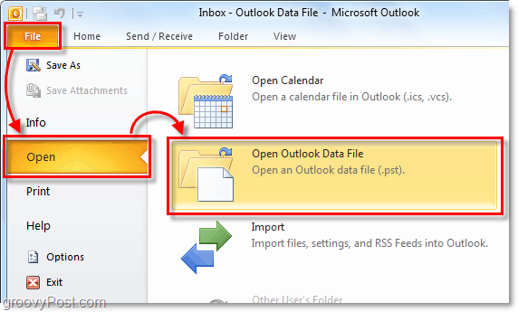åbn din mappe, der indeholder din arkiv-pst-fil fra Outlook 2010