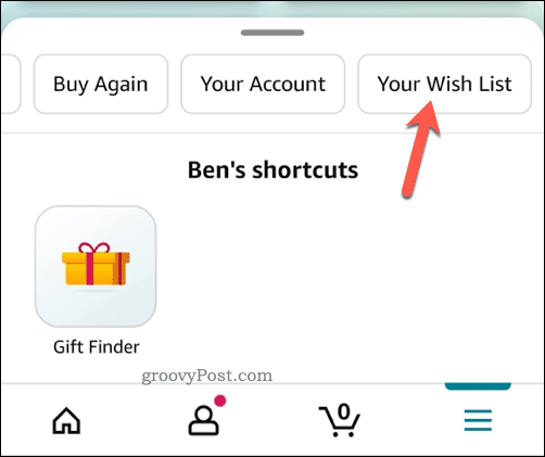 Åbning af ønskelistemenuen i Amazon-appen