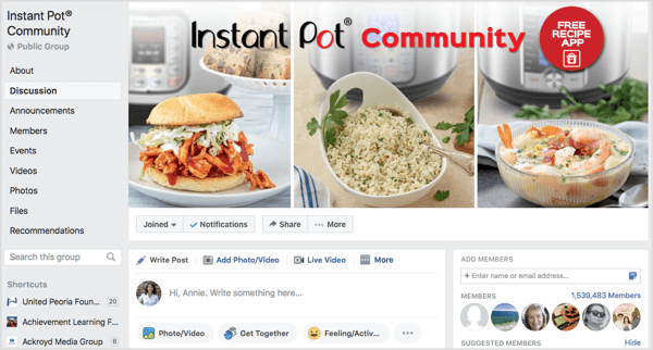 Instant Pot Community Facebook-gruppe med mere end en million medlemmer.